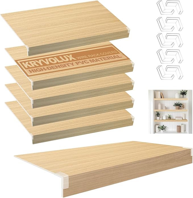 5 Pcs Wire Rack Covers 40x16x2.5 inch PVC Pantry Shelf Cover 0.31 inch Thick Removable Closet Wire Rack Shelf Covers,Decoration Kitchen Bathroom Office Shelving (Wood Color,40x16x2.5inch)