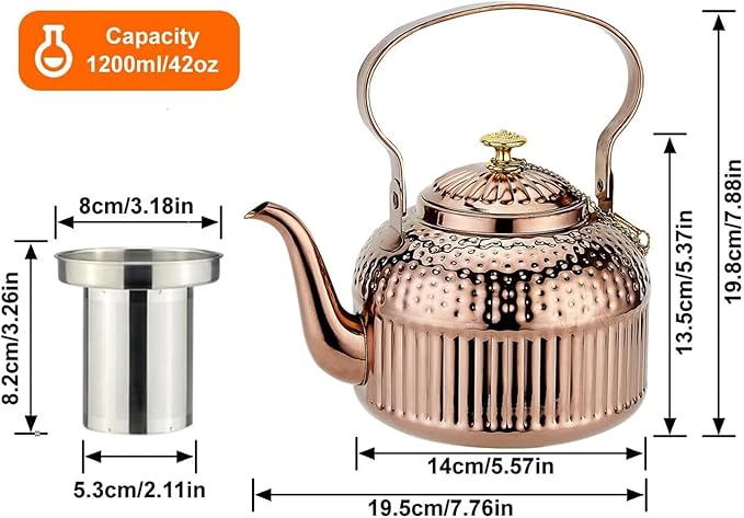 SANQIAHOME Antique 1.2L (40Oz) Stainless Steel Teapot with Infuser copper