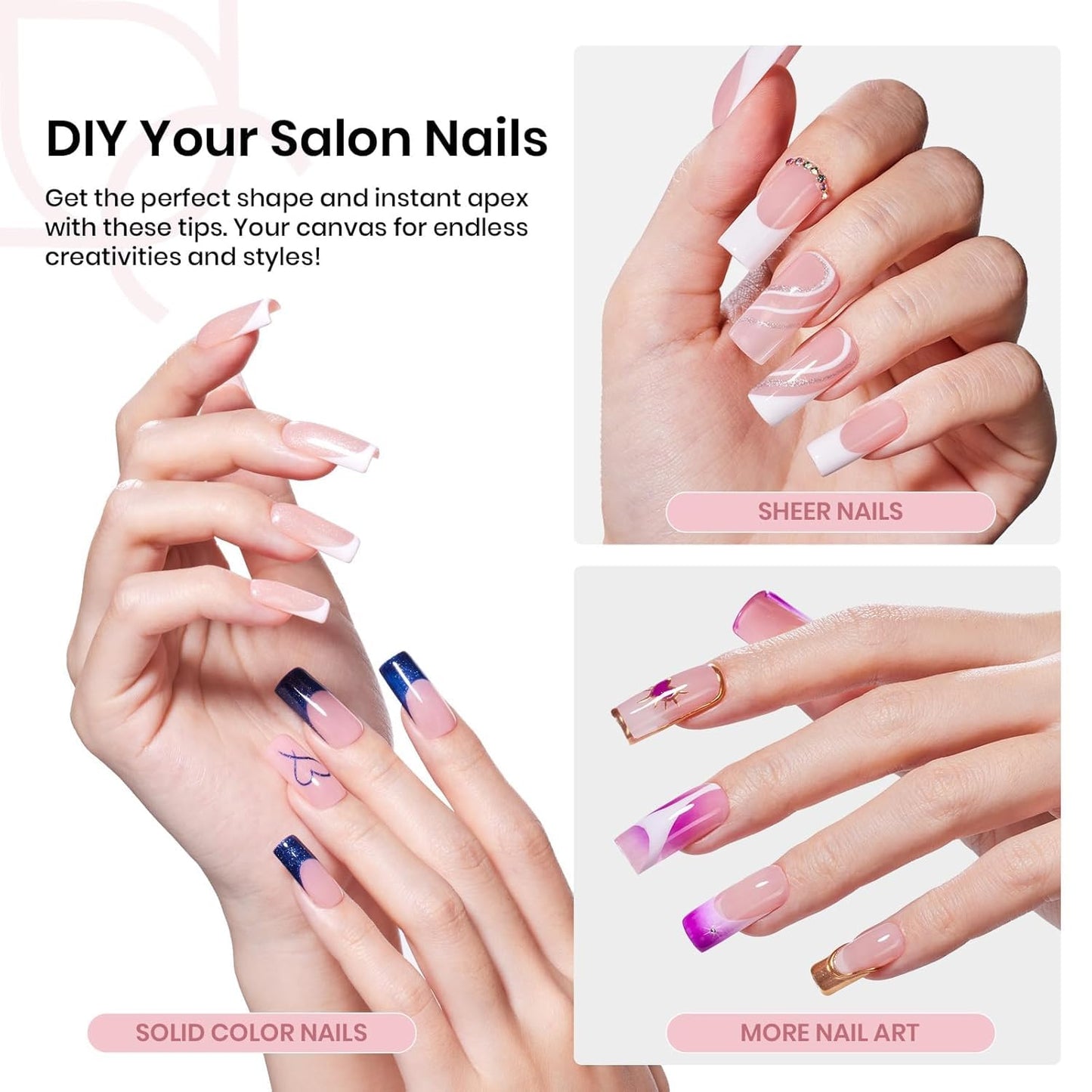 Beetles Tipex Nail Kit, Square Medium Nail Tips 224 Pcs 16 Sizes Pre-Etched Fake Nails with Tipex Nail Glue Mini Nail Lamp - Thick Acrylic Nail Set Pre-Builder Gel Press-on Nails-BrightBean Baby