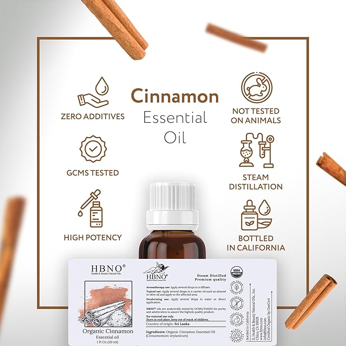 HBNO Organic Cinnamon Leaf Essential Oil - 1 oz (30ml) Travel Size - USDA Certified Organic Cinnamon Essential Oil, Perfect for Aromatherapy, Soap Making, DIY, Fragrances, Diffuser.-BrightBean Baby