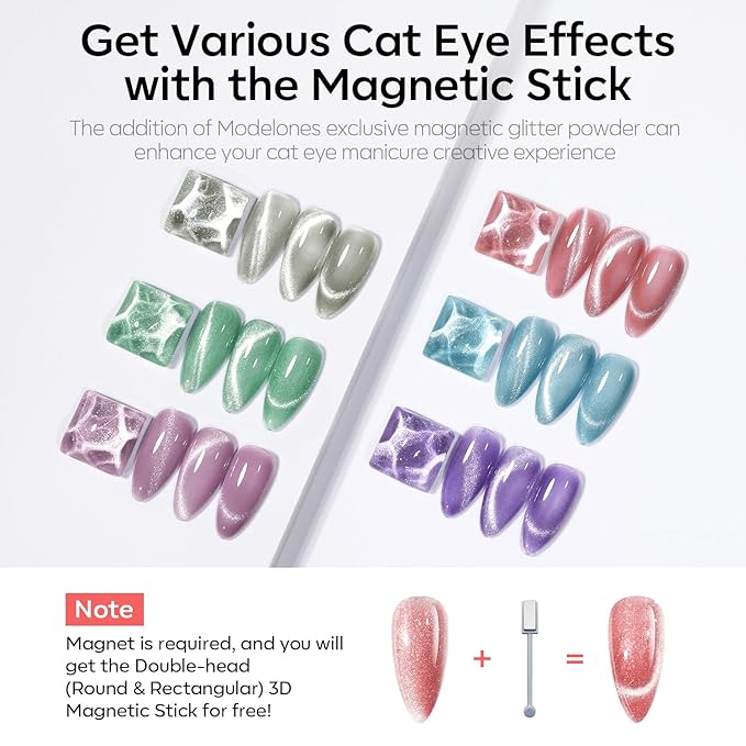 modelones Cat Eye Gel Nail Polish 6 Colors Red Green Silver Purple Blue Glitter Cat Eye Gel Polish Holographic 9D Semi-transparent With Magnet Soak Off Led Nail Art DIY Salon Gifts For Women Girl-BrightBean Baby