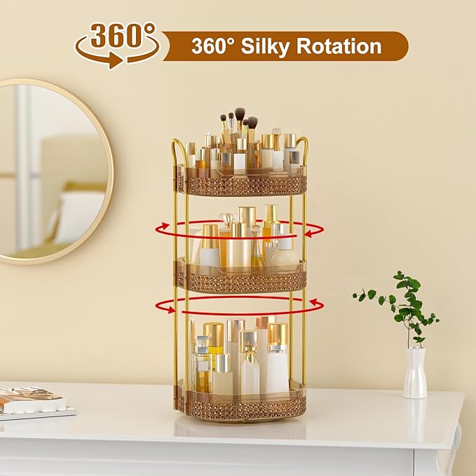 Rotating Makeup Organizer for Vanity 3 Tier, Perfume Organizer with Makeup Brush Holder, Large Capacity Cosmetics Clear Skincare Organizer for Countertop (Pink)-BrightBean Baby