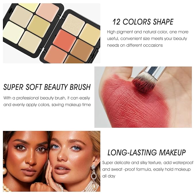 12 Colors Cream [Blush+Contour+Concealer+Highlighter] Makeup Palette for Cheeks - Multi-functional Makeup Palette with Brush, Natural Matte Long Wearing, Waterproof Face Makeup Palette (#04)-BrightBean Baby