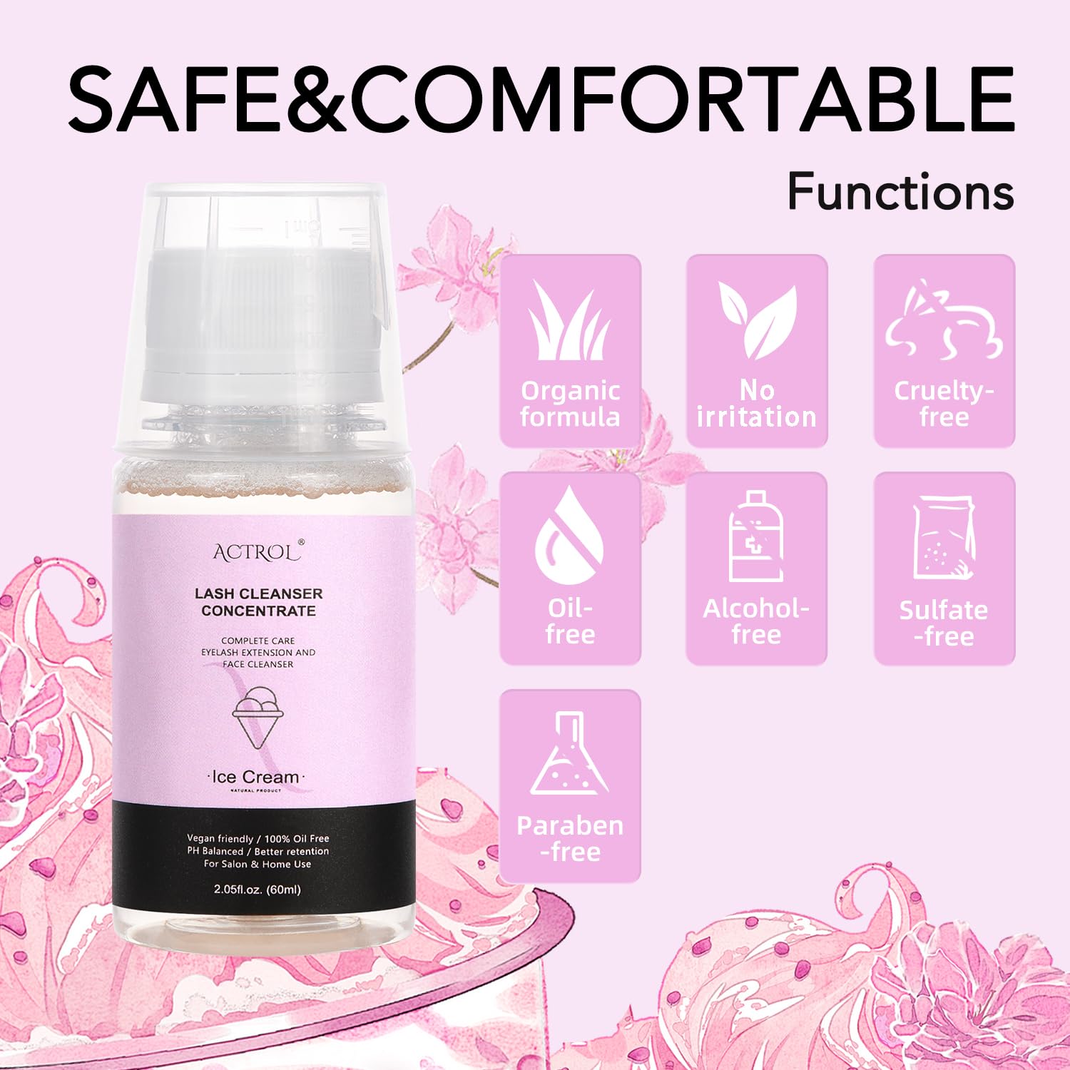 Eyelash Cleanser Concentrate 60ml Ice Cream Professional Lash Shampoo Foaming Cleanser DIY Paraben & Sulfate Free Non-lrritating Wash for Extensions Lashes with Salon Home Care-Makes 6 Bottles-BrightBean Baby