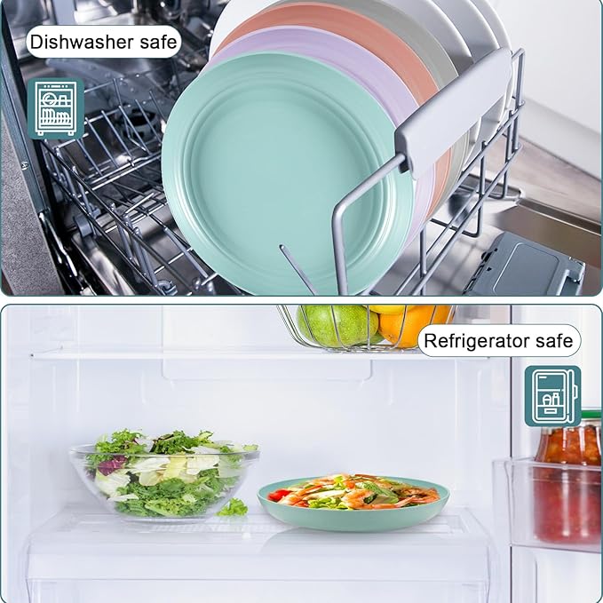12 Pcs Unbreakable Deep Dinner Plates Set, 10 inch Reusable Plastic Wheat Straw Plates, Microwave and Dishwasher Safe Plate for Kitchen, Lightweight Plate for Dessert, BPA Free, 6 Colors