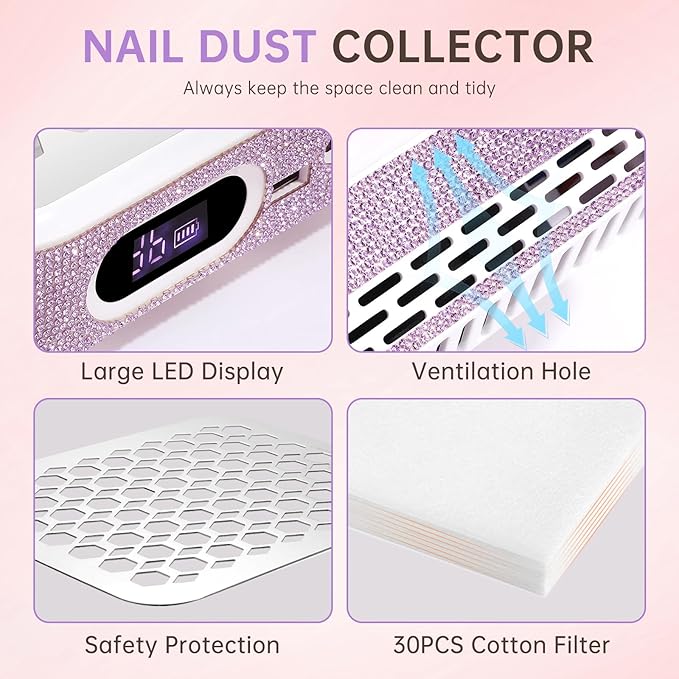 Nail Dust Collector, Rechargeable Dust Collector Nail Tech, Powerful Vacuum Fan Vent Dust Collector Extractor Dust Suction Machine for Acrylic Nails Polishing, Nail Salon&Home,Purple-BrightBean Baby
