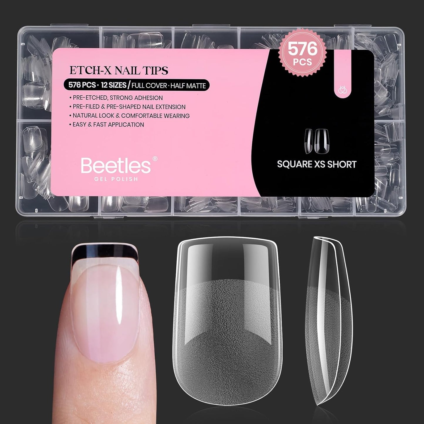 Beetles Short Square Nail Tips: 576PCS 12 Sizes XS Short Square Half Matte Clear False Acrylic Press on Nails Tips Pre-shape Full Cover Nail Tips Nail Extension DIY-BrightBean Baby