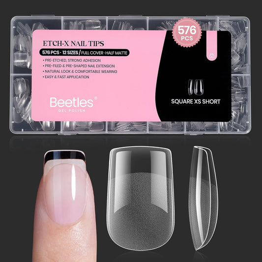 Beetles Short Square Nail Tips: 576PCS 12 Sizes XS Short Square Half Matte Clear False Acrylic Press on Nails Tips Pre-shape Full Cover Nail Tips Nail Extension DIY-BrightBean Baby