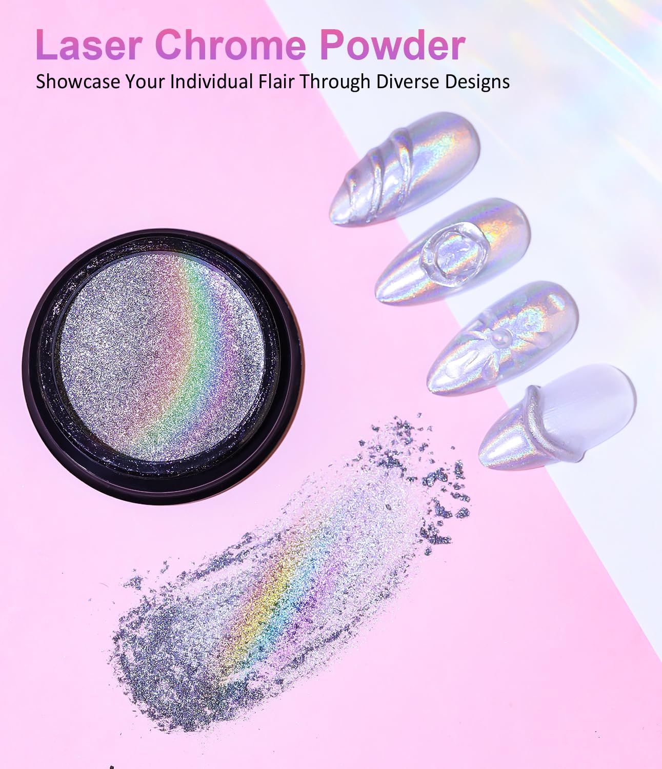 Magic Chrome Nail Powder: Iridescent Mirror Holographic Nail Powder,Metallic Pearl Effect Laser Chrome Nail Powde r for Salon Home Nai l Art DIY Design-BrightBean Baby