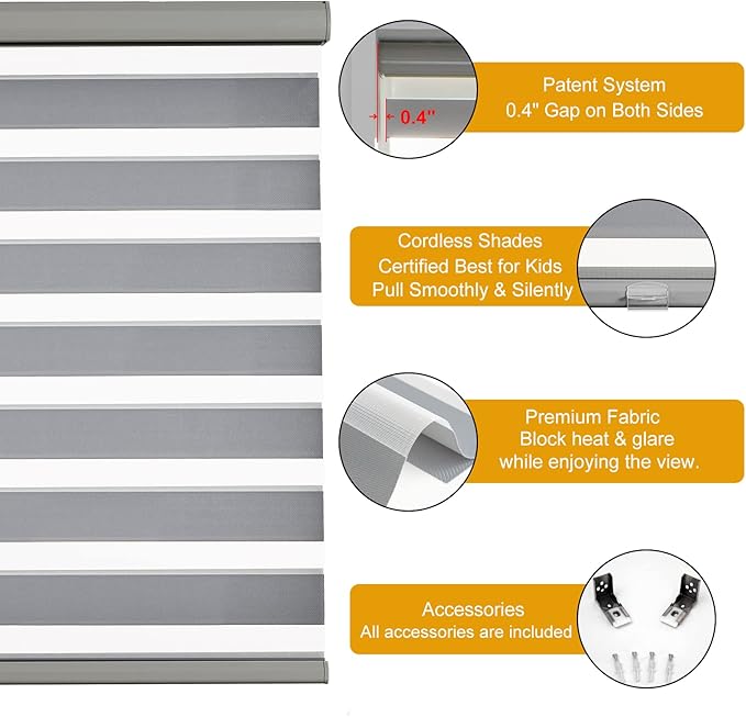 Persilux Cordless Zebra Blinds (70" W x 72" H, Grey) Dual Layer Fabric, Privacy Window Blinds, Dual Layer Zebra Roller Shades, Light Filtering Sheer Window Treatments for Home, Office…