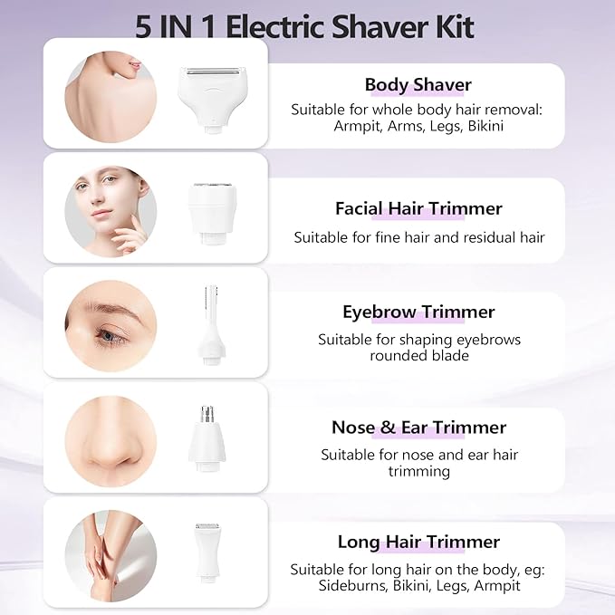 Electric Razors Shavers for Women, Bikini Trimmer 5 in 1 Lady Electric Shaver Razor Wet/Dry Face Razors for Face Nose Eyebrow Arms Armpit Legs Pubic Hair Area Painless Facial Hair Removal for Women-BrightBean Baby