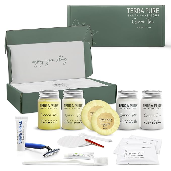 Terra Pure Green Tea Amenity & Accessory Kit | 1 oz Travel Size Shampoo, Conditioner, Lotion, Body Wash, 2 Soap Bars, Shave & Dental Sets, Make-Up Remover Wipes, & Vanity Kit | 1 set per case-BrightBean Baby