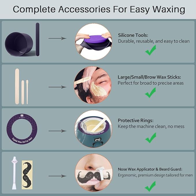 BLITZWAX Back and Nose Waxing Kit for Men, Hard Wax Warmer for Brazilian, Body and Face, At Home Hair Removal Kit, Beginner Friendly, Quick Heating, 93 Accessories, Blue Spruce-BrightBean Baby