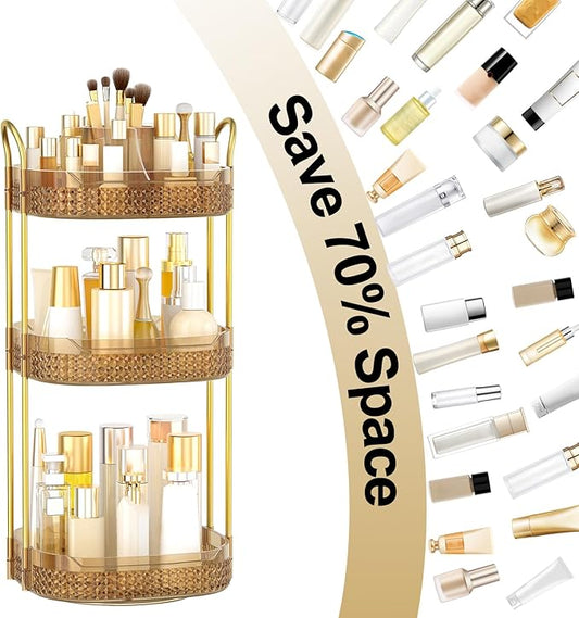 Rotating Makeup Organizer for Vanity 3 Tier, Perfume Organizer with Makeup Brush Holder, Large Capacity Cosmetics Clear Skincare Organizer for Countertop (Pink)-BrightBean Baby