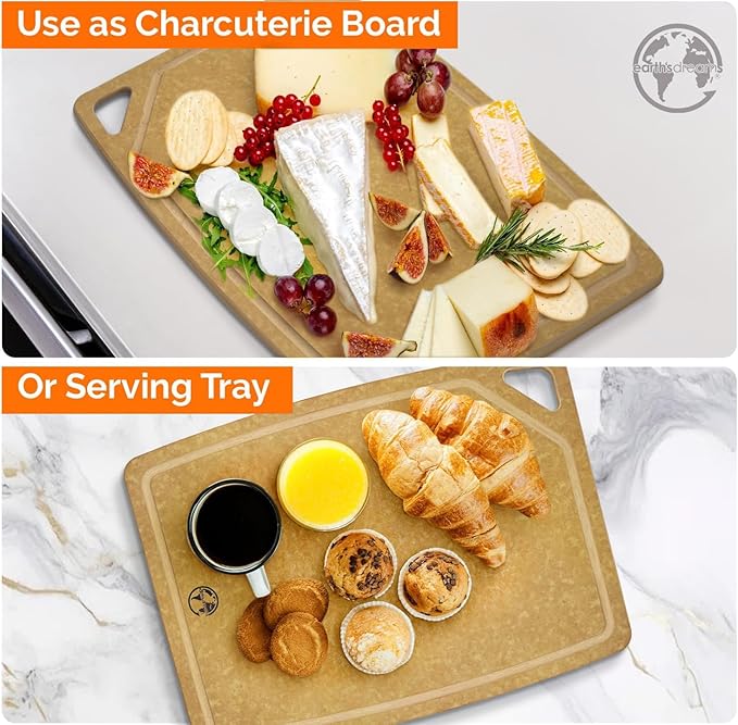 Earth’s Dreams Wood Cutting Board Set 3-Piece: Small, Large & Extra Large - Charcuterie Board, Non-Plastic, Non-Toxic, Heavy-Duty, Dishwasher Safe (Tan/Juice)