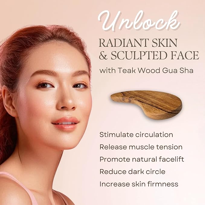 Teak Wood Gua Sha Facial Tool for Face and Body Massage, Anti-Aging Reduce Puffiness Wrinkles Shape Jawline Skincare Routine Treatment, Wooden Gua Sha Massager with Travel Pouch for Gift Set-BrightBean Baby