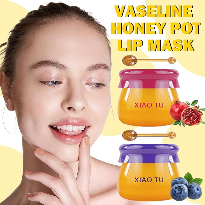 2PCS Lip Balm Honey Pot,Moisturizing Lip Sleep Mask,Prevention Dry and Cracked Overnight Sleeping Lip Mask with Brush,Reduces Lip Lines Long Lasting Hydrating Lip Care Scrubs Exfoliator-BrightBean Baby