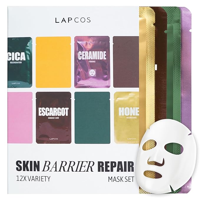 LAPCOS Skin Barrier Repair Sheet Mask Variety Pack – Escargot, Cica, Ceramide, Honey 4 Types of Face Mask Set – Daily Korean Skin Care w/Snail Mucin, Centella Asiatica & Niacinamide (12 ea)-BrightBean Baby