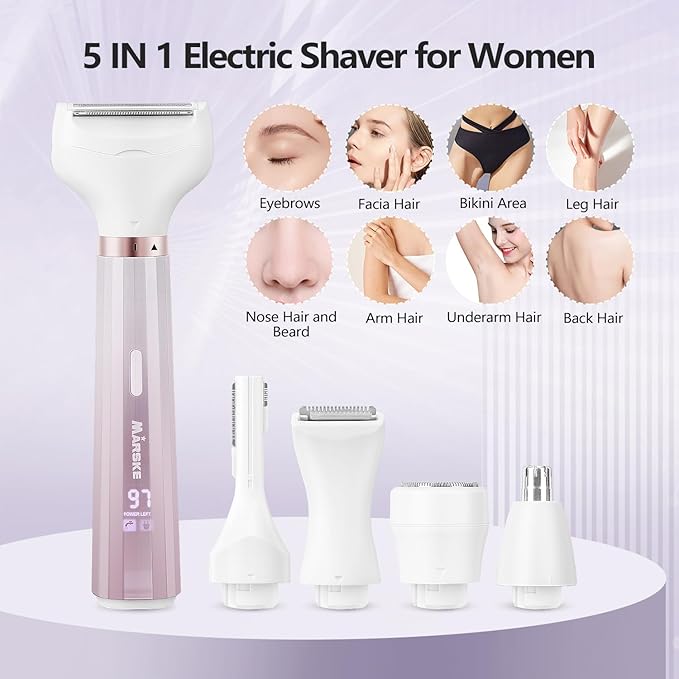 Electric Razors Shavers for Women, Bikini Trimmer 5 in 1 Lady Electric Shaver Razor Wet/Dry Face Razors for Face Nose Eyebrow Arms Armpit Legs Pubic Hair Area Painless Facial Hair Removal for Women-BrightBean Baby