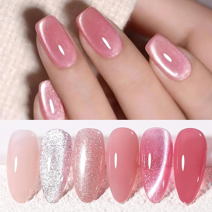 Born Pretty Gel Nail Polish Pink Nude Series,Jelly Transparent,Cat Magnetic Eye,Shimmer Glitter Holographic Pink Nude Gel Polish Kit for Salon Manicure and Nail Art DIY at Home 6Colors-BrightBean Baby