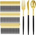 I00000 300Pcs Black Plastic Silverware, Happy New Year Gold Disposable Silverware, Black and Gold Plastic Utensils Include 100 Forks 100 Knives 100 Spoons,Disposable Cutlery for Wedding