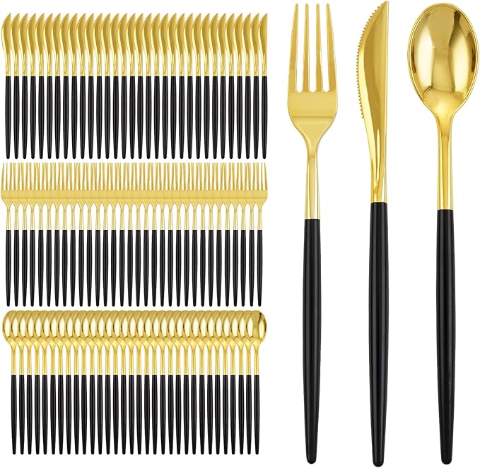 I00000 300Pcs Black Plastic Silverware, Happy New Year Gold Disposable Silverware, Black and Gold Plastic Utensils Include 100 Forks 100 Knives 100 Spoons,Disposable Cutlery for Wedding
