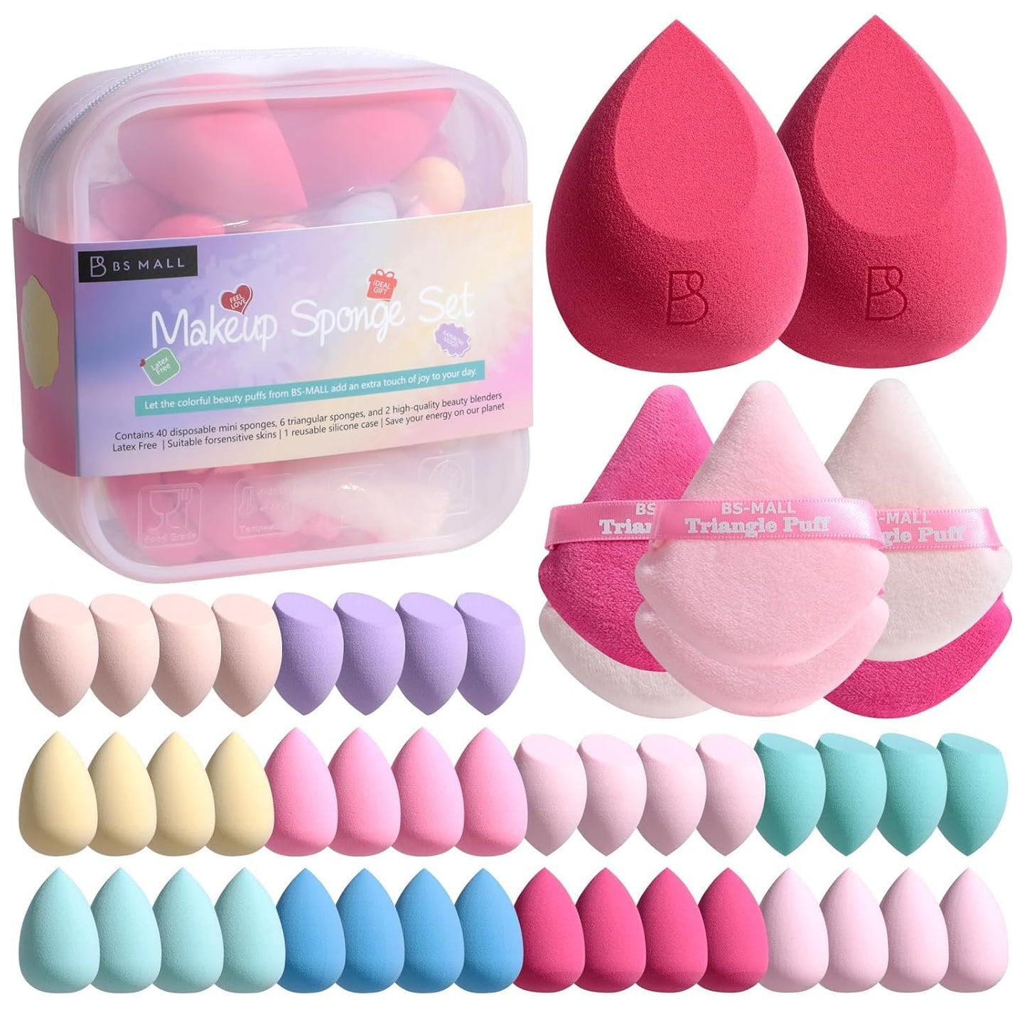 BS-MALL Professional Makeup Sponges Triangle Puff 49 Pcs- Pro V3.0 Cloud Technology Makeup Sponge Material Flawlessflow Mini Sponge Set & Triangle Puff With Waterproof Travel Silicone Bag Gift Set-BrightBean Baby