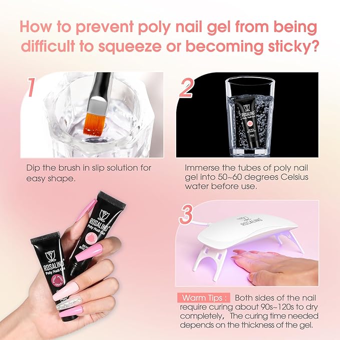 ROSALIND 28 Colors Poly Nail Gel Kit with Mini U V/LED Lamp White Nude Poly Nails Gel Kit Starter Kits With Slip Solution Pink Extensions Set for Nail Manicure Beginner-BrightBean Baby