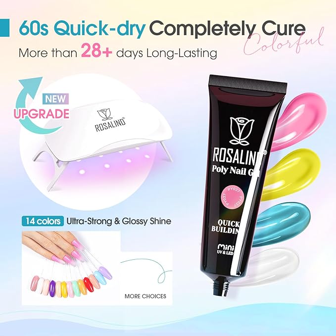 ROSALIND Poly Nail Gel Colors Kit -14 Colors +72 Nail Art Accessories kit Poly Nails Gel Kit Starter Kit with Mini UV Lamp Slip Solution Poly Nail Art Tools for Beginners with Everything-BrightBean Baby