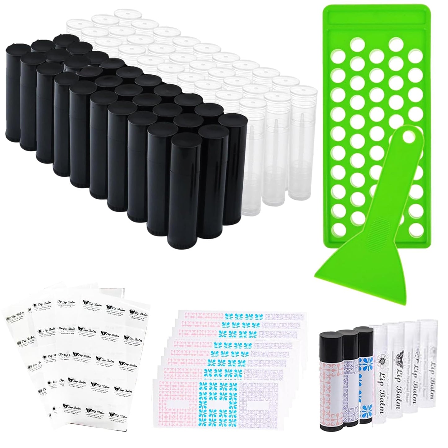 Lip Balm Tubes with Filling Tray and Spatula, 60 Empty Lip Balms Containers with Caps (Clear+Black), 60 Writeable and 60 Printed Stickers, BPA Free, Make Natural Lip Balm Kit for DIY-BrightBean Baby