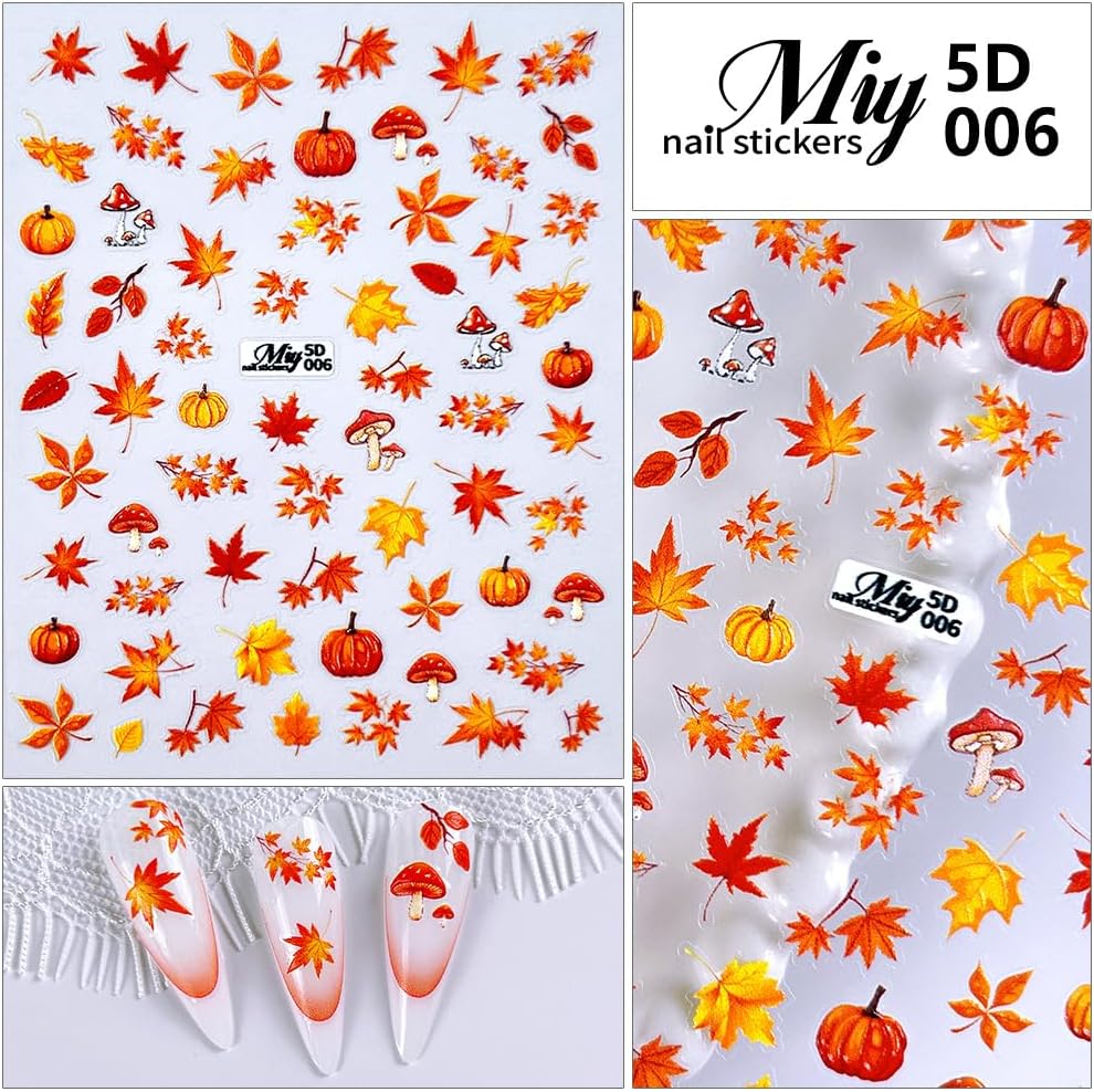 Fall Nail Art Stickers - 5D Miniature Sculpture Fall Pumpkin Nail Decals - 2PCS Manicure Maple Leaves Squirrel Mushroom Nail Art Supplies Autumn Acrylic Nail Art Decoration for Women-BrightBean Baby