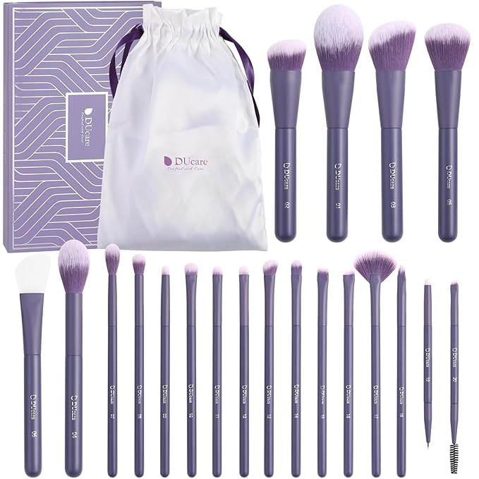 DUcare Makeup Brushes Set Professional 20pcs Vegan Make Up Brushes, Foundation Eyeshadow Concealer Contour Powder Blush Blending Eyeliner Brush with Silicone Face Mask Brush Purple-BrightBean Baby