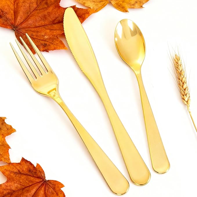 150 PCS Gold Plastic Silverware - Gold Plastic Flatware Disposable - Heavy Duty Disposable Utensils Sets Includes 50 Forks, 50 Spoons, 50 Knives for Thanksgiving Party Wedding