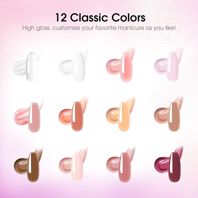 ROSALIND Poly Nail Gel Kit -12 Colors + Nail Art Accessories kit Clear Nude Poly Nails Gel Kit Starter Kit With Slip Solution Pro Nude Pink Nail Extensions Gel Set with Mini UV Lamp-BrightBean Baby