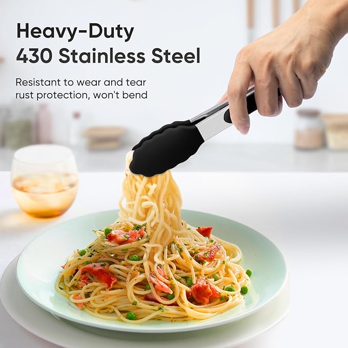 Small Silicone Tongs for Cooking,3 PCS 7-Inch Mini Serving Tong-600°F Heat Resistant Non Stick Stainless Steel Tong s with Silicone Tips Food Tong Cooking Tongs for Salad,Buffet Serving(Black)