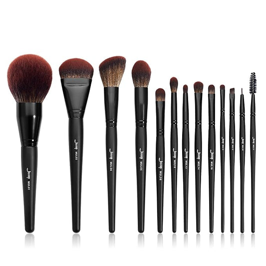 Jessup Full Makeup Brushes Set 13pcs, Professional Vegan Foundation Powder Contour Blush Highlight Eyeshadow Blending Concealer Spoolie EyeLiner Brush, Phantom Black T300-BrightBean Baby