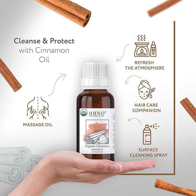 HBNO Organic Cinnamon Leaf Essential Oil - 1 oz (30ml) Travel Size - USDA Certified Organic Cinnamon Essential Oil, Perfect for Aromatherapy, Soap Making, DIY, Fragrances, Diffuser.-BrightBean Baby