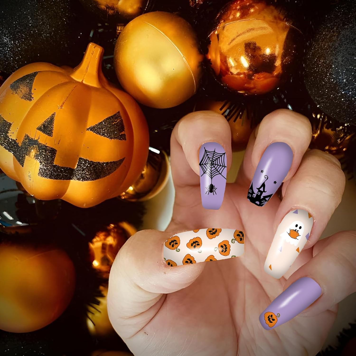 12 Sheets Halloween Nail Wraps Stickers, Nail Polish Strips DIY Self-Adhesive Full Glitter Nail Art Decals Pumpkin Bat Ghost Spider Skull Pattern with 2 Piece Nail Files for Party Decor (168 Pieces)-BrightBean Baby