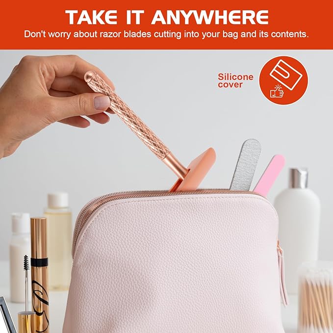 Double Edge Safety Razor for Women with Silicone Cover & 10 Blades for Travel Metal Eco-Friendly Reusable Single Blade Razor for Shaving (Rose Gold)-BrightBean Baby