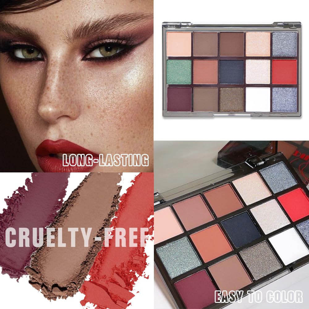 Smokey Red Eye Shadow Makeup Palette,15 Colors Gray Silver Brown Dark Shimmer Matte Makeup Pallet,Long Lasting Waterproof for Daily and Halloween,Vegan,Cruelty -free-BrightBean Baby