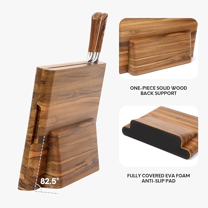 2 - in - 1 Magnetic Knife Block Holder with 16"x11" Teak Cutting Board, Crafted from Premium Natural Teak Wood,Juice Grooves, Kitchen Organizer for Home Chefs