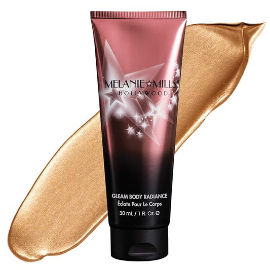 Melanie Mills Hollywood Gleam Body Radiance All In One Makeup, Moisturizer & Glow For Face & Body - Peach Deluxe, Mini 1 fl.oz.-BrightBean Baby