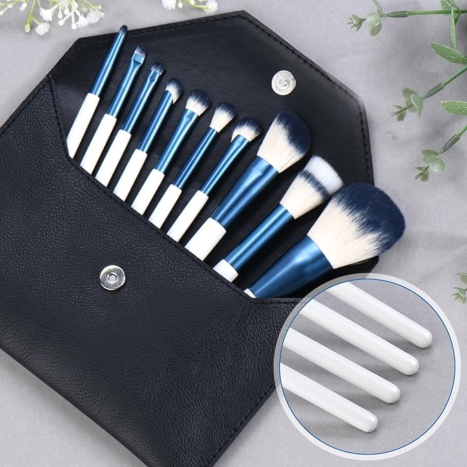 Makeup Brushes Set With Case 10Pcs White Makeup Brush Kit Foundation Eyeshadow Powder Blending Kabuki Eyebrow Eyelash Brushes Cosmetic Brush Travel Kit Gift (White+Blue)-BrightBean Baby