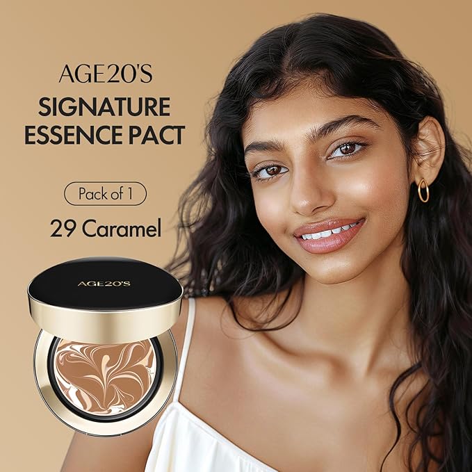 AGE20'S Signature Essence Pact SPF 50+ | Pack of 1 | 29 Caramel | Cream Foundation, Dewy Finish, Natural Coverage | Korean Cushion Foundation-BrightBean Baby