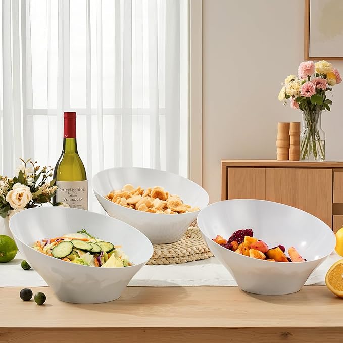 BESTVIP 54oz White Plastic Serving Bowls for Party - 12 Pack Angled Disposable Serving Bowls, Party Bowls for Chips, Snacks, Fruit, Salad - Bowls for Parties, Daily Use,Halloween, Christmas