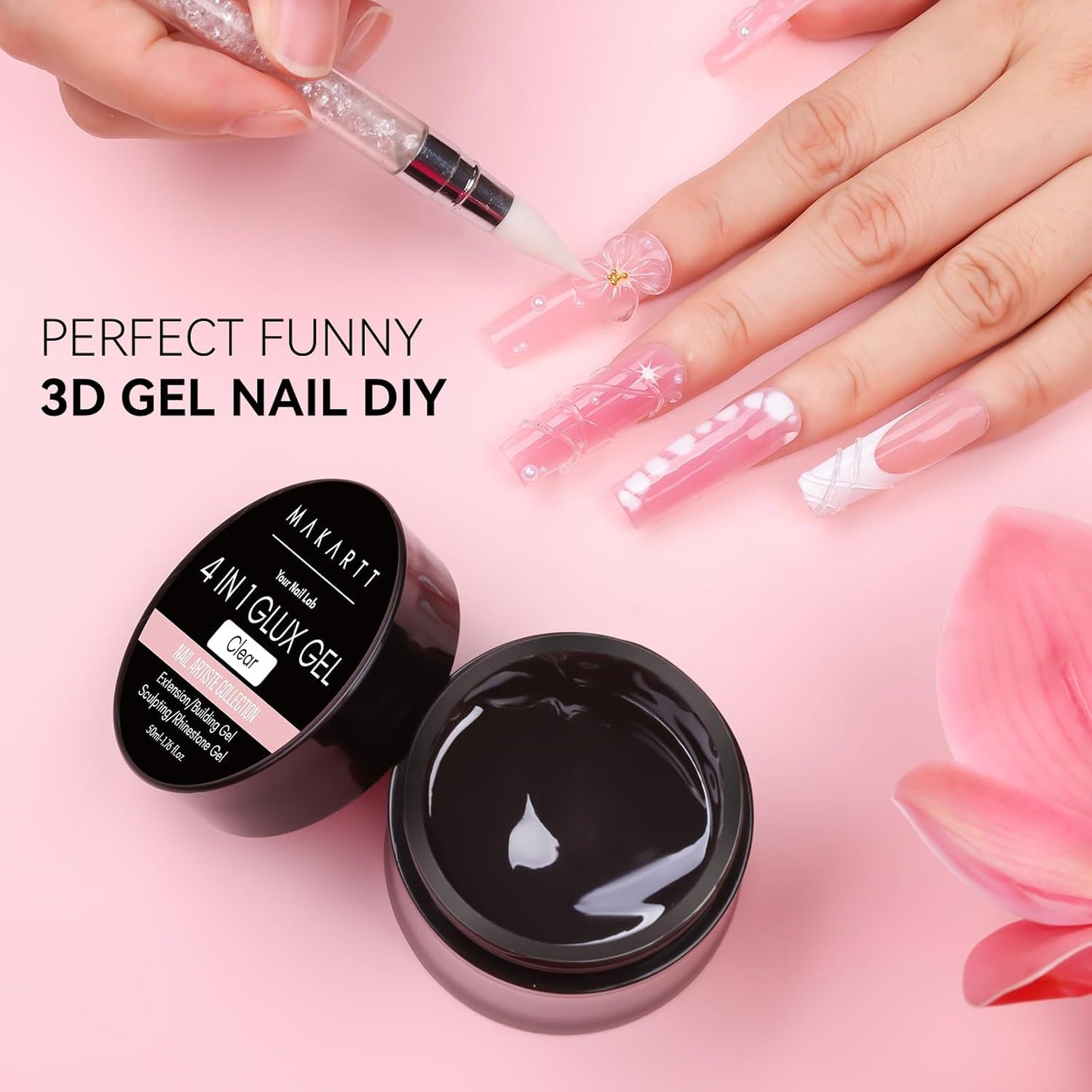 Makartt 3D Gel Nail Art: 50g 3D Nail Gel Clear Non-sticky 3d Sculpting Gels, 4-in-1 Solid Gels Builder for Extension, UV Glue for Acrylic Tips, Rhinestones & 3d Carving for Home Salon DIY-BrightBean Baby