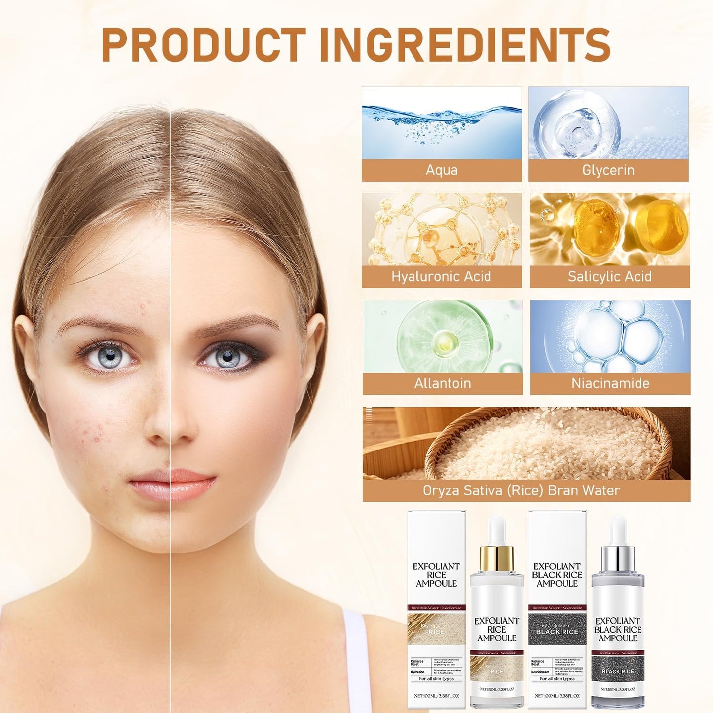 Rice Exfoliant Ampoule Duo, Black and White Face Peeling Solution, Moisturizing Pore Minimizer, 2-Pack, 100ml-BrightBean Baby