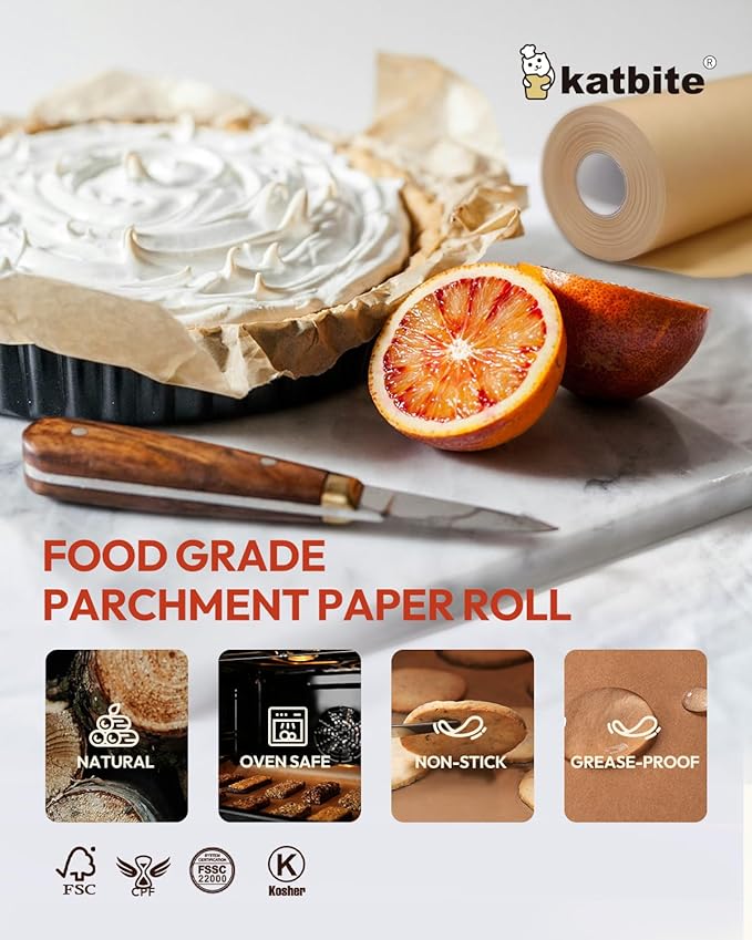 2 Value Pack 15in x 242ft, 300 Sq.Ft Unbleached Parchment Paper Roll for Baking, Katbite Parchment Baking Paper with Serrated Cutter, Non-stick Roll for Cooking, Air Fryer, Steaming, Bread