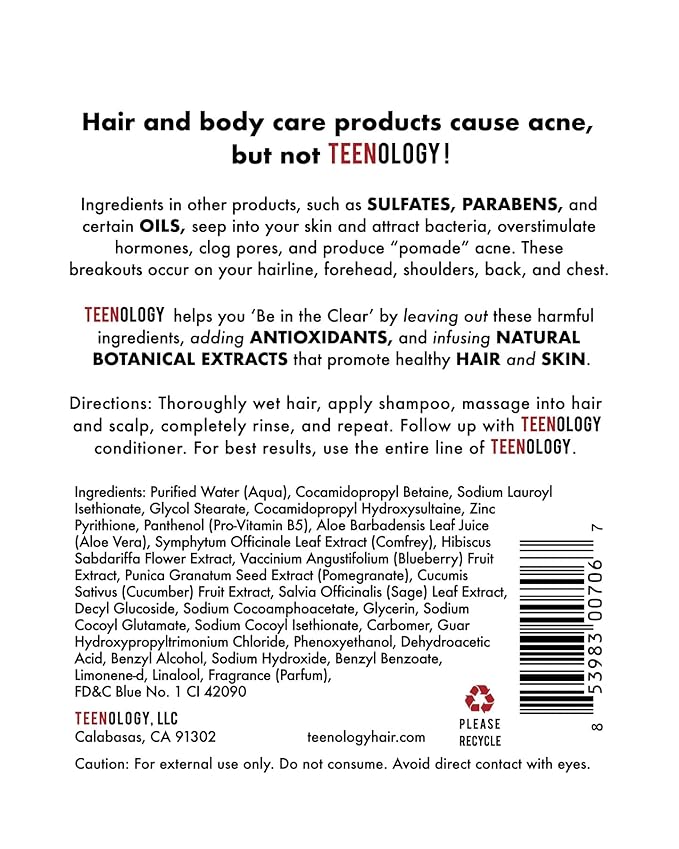 Teenology Shampoo for Teens - Avoid Forehead and Body Breakouts - No Sulfates or Parabens, Noncomedogenic, Natural Botanical Extracts, 16 oz. (Blueberry Pomegranate Cucumber)-BrightBean Baby