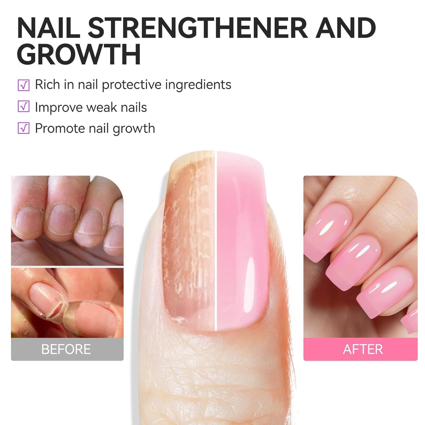 Nail Polish Strengthener and Growth Treatment: Pink Gelike EC 6 in 1 Natural Nail Hardener Extra Strong and Growth - Long Lasting Nail Repair for Damaged Nails - For Daily Work Home Salon-BrightBean Baby